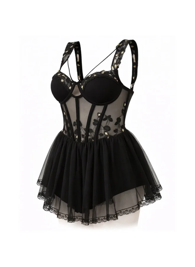 كابريشوس قميص نوم نسائي شفاف بتطريز زهري – فستان نوم شبكي بأحزمة قابلة للتعديل مع حواف دانتيل